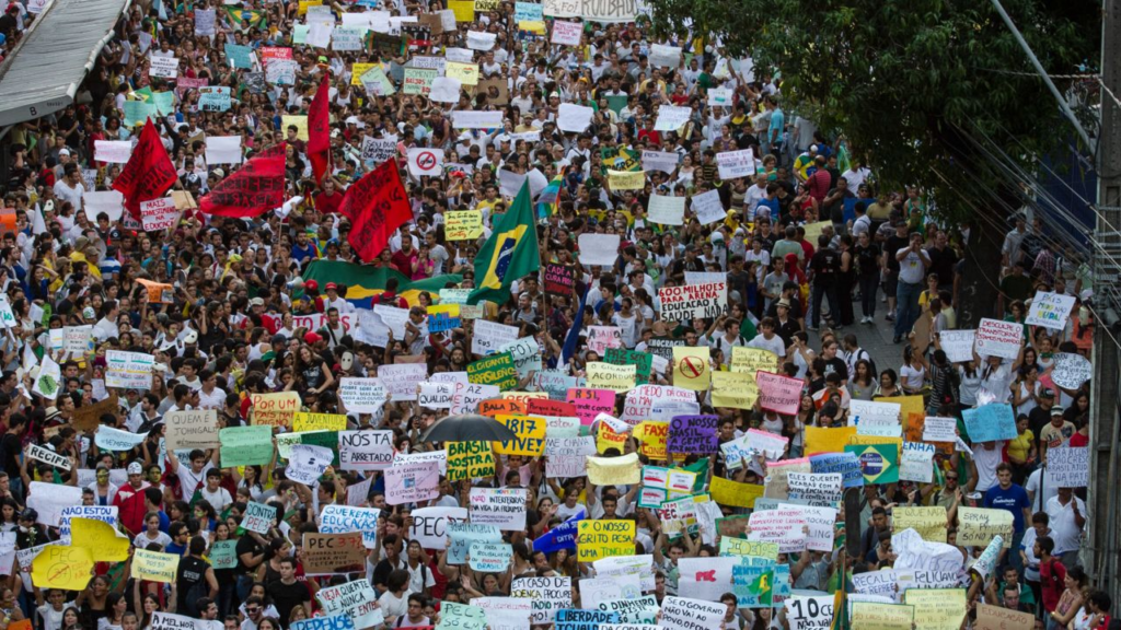 Brazil Supreme Federal Court building with protest signs on gender rights debate.