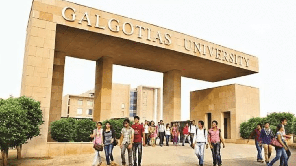 Galgotias University exhibition booth at AI Impact Summit in Delhi featuring Unitree Go2 robotic dog