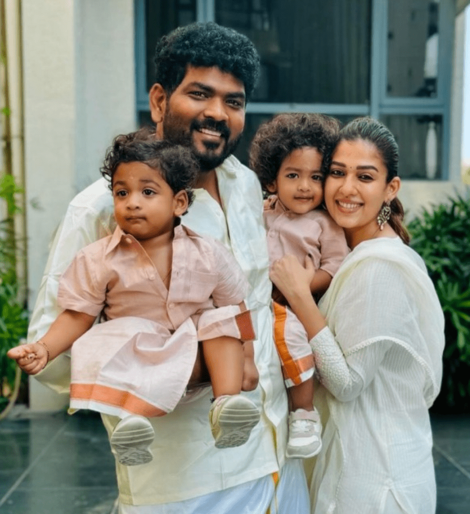 Vignesh Shivan holding Nayanthara and their twin sons in a family Valentine’s Day picture
