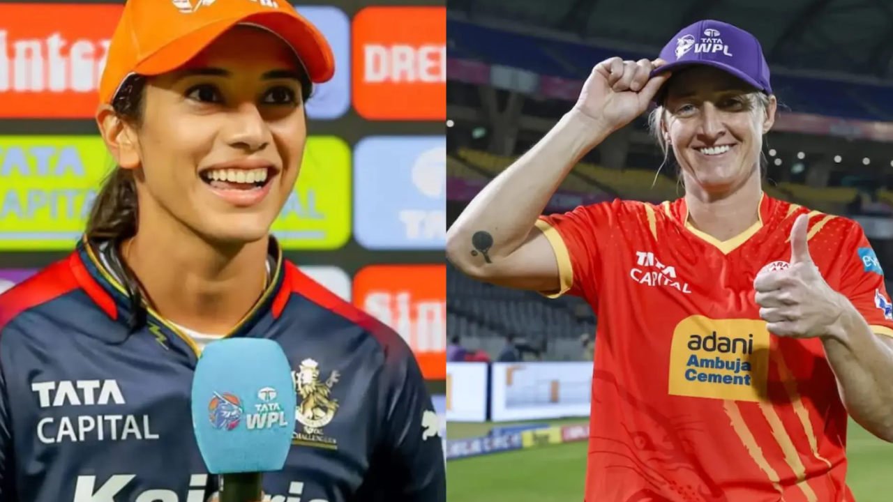 Smriti Mandhana celebrating WPL 2026 final victory with Orange Cap and Sophie Devine with Purple Cap