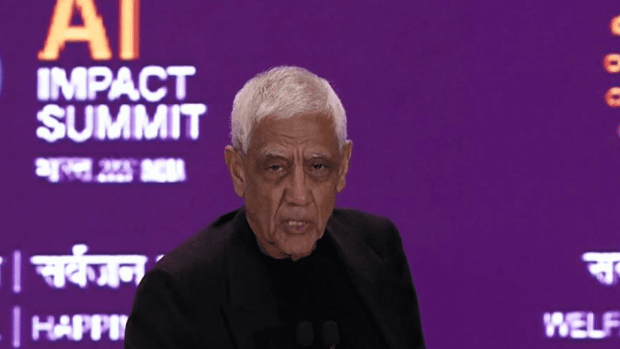 Vinod Khosla speaking at AI Impact Summit proposing Aadhaar-linked AI tutors, doctors and farm experts