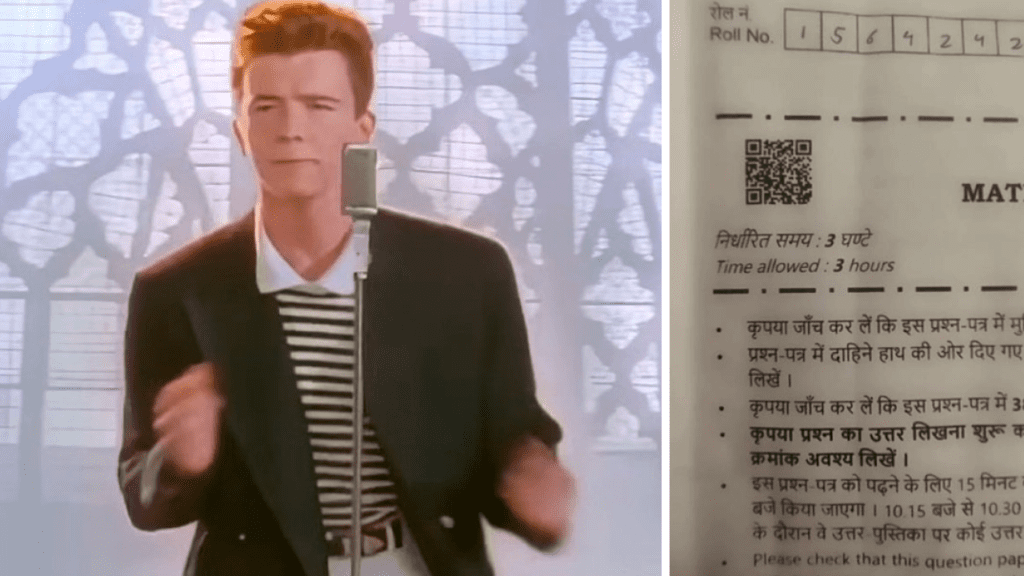 Student scanning QR code on CBSE Class 12 mathematics question paper during board exam controversy involving Rick Astley rickroll