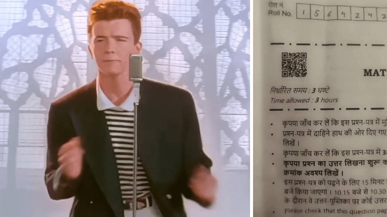 Student scanning QR code on CBSE Class 12 mathematics question paper during board exam controversy involving Rick Astley rickroll