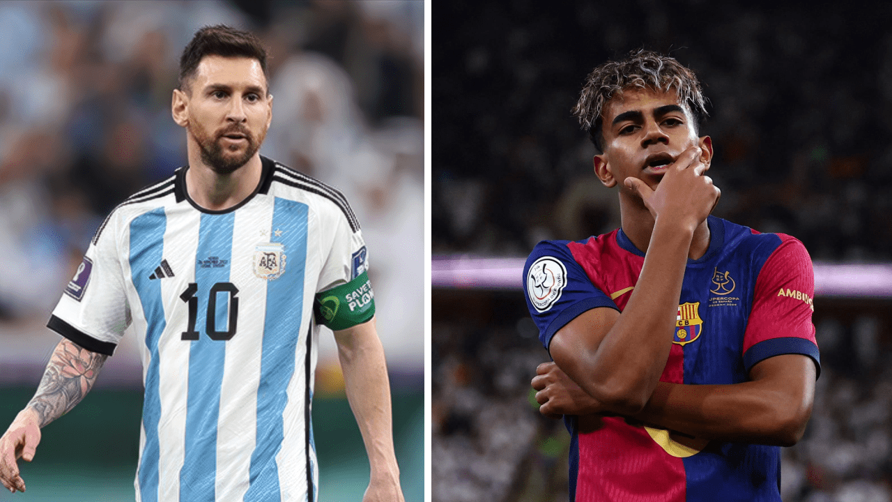 Lionel Messi and Lamine Yamal warming up before an international match, representing Argentina and Spain.