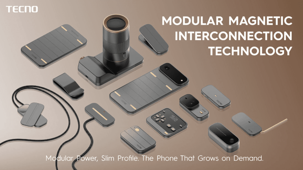 Tecno modular smartphone concept with stackable magnetic accessories on display at MWC 2026