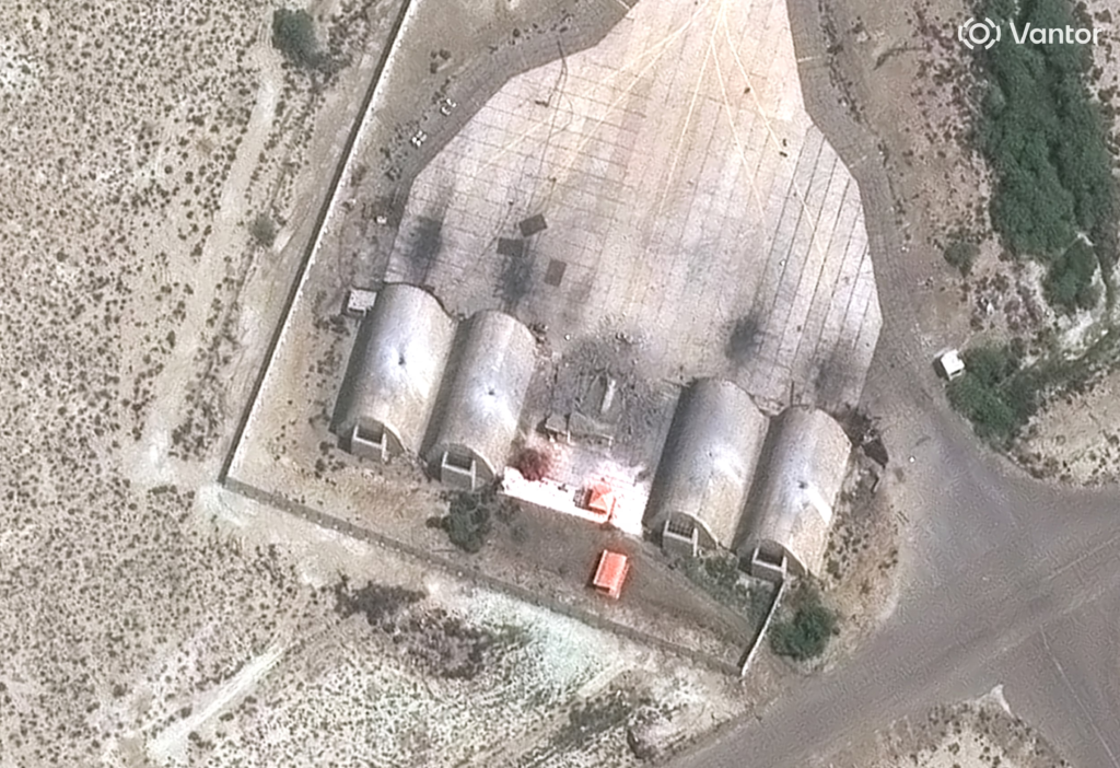 view shows aircraft shelters after U.S. and Israeli strikes, at Konarak, Iran