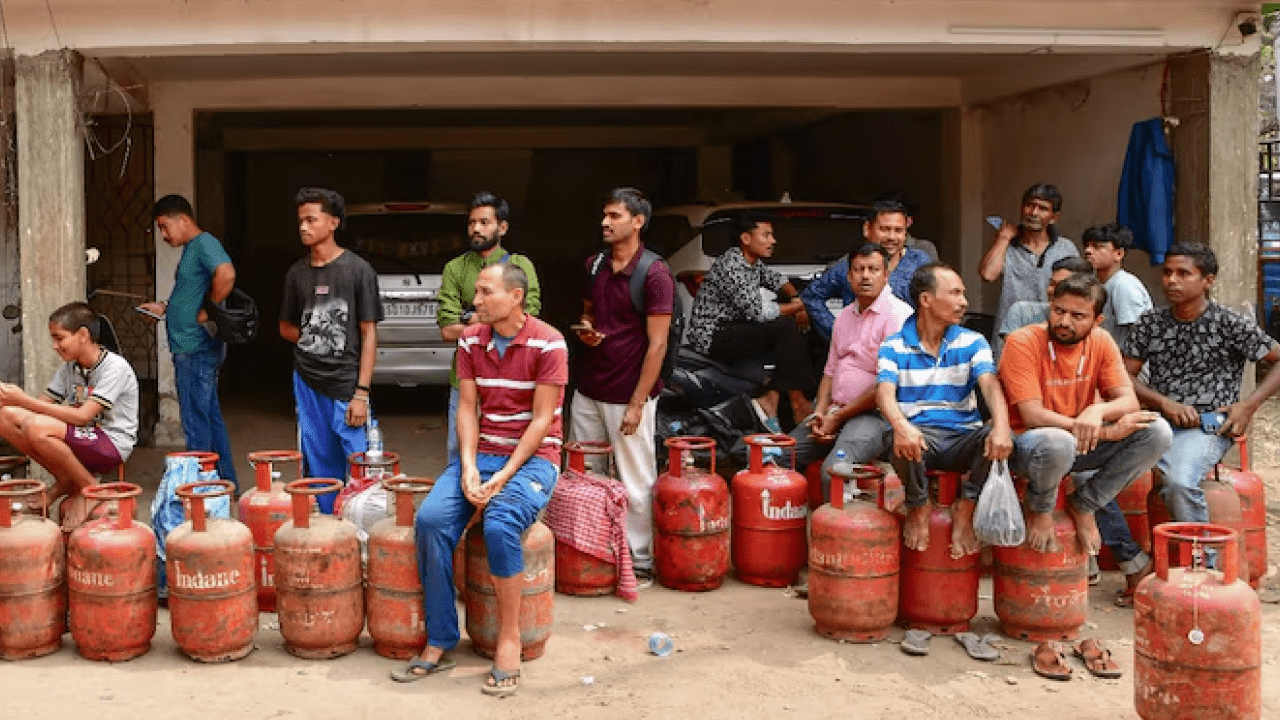 People standing in long queues outside LPG gas agency during LPG shortage in India