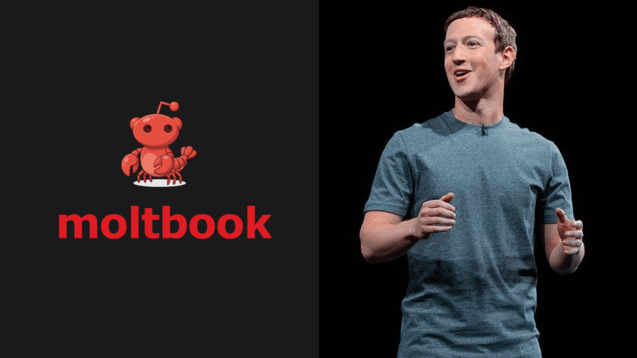 Meta logo alongside AI agent interface representing Moltbook platform and updated terms of service