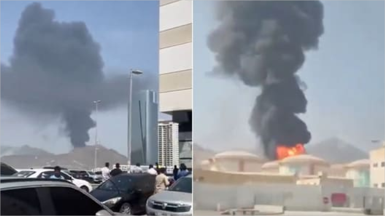 Thick plumes of smoke rise from Fujairah Oil Storage facility after a drone strike interception in the UAE.