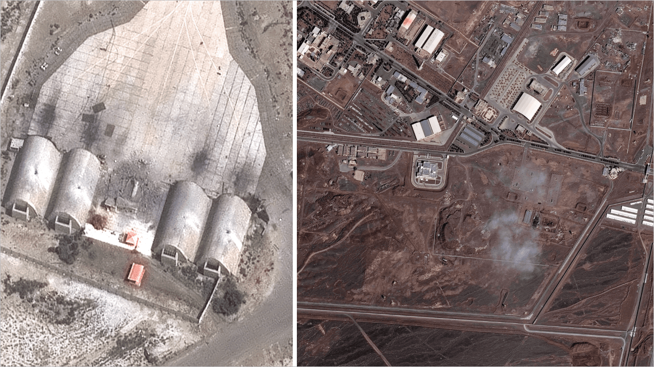 A satellite image showing extensive damage at Iran’s Natanz nuclear facility after US-Israeli airstrikes, with visible structural destruction.