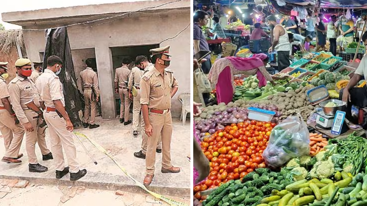 Police personnel investigating fatal vegetable stall dispute in Uttar Pradesh market area