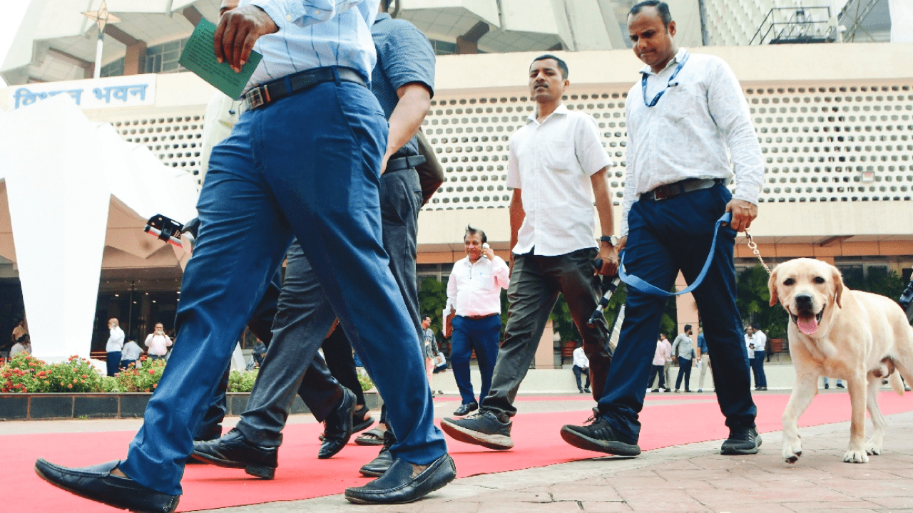 Security personnel inspecting Delhi Assembly premises after bomb threat email targeting leaders and metro station