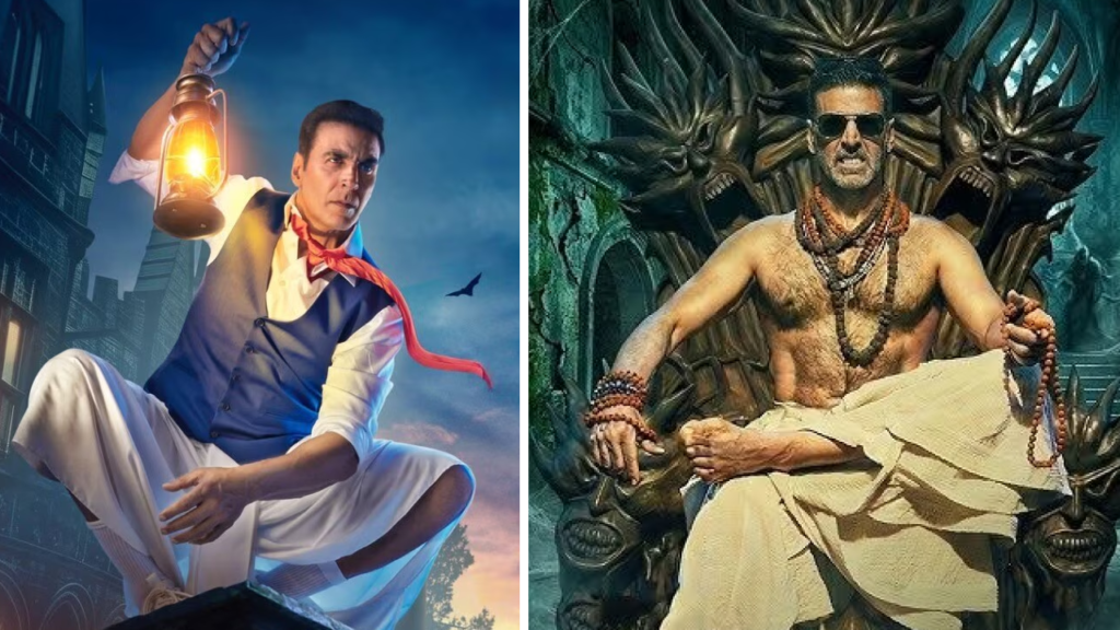 Akshay Kumar in Bhooth Bangla horror comedy film still with haunted house backdrop