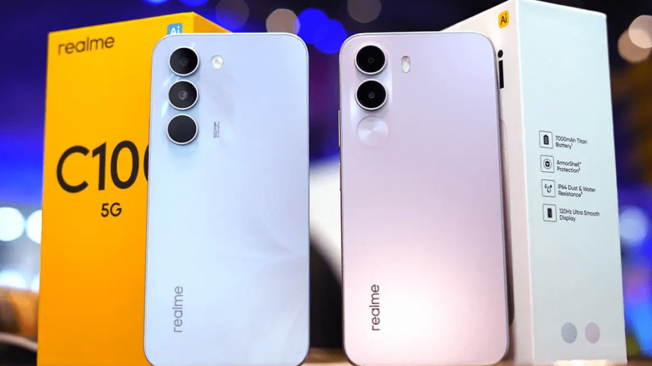 Realme C100 5G smartphone showing 6.8-inch display and large battery design