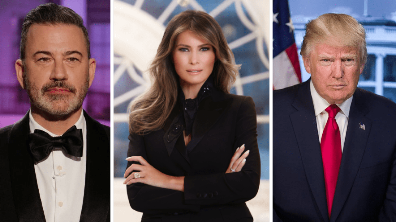 Jimmy Kimmel at a comedy event speaking into microphone, defending his joke about First Lady Melania Trump