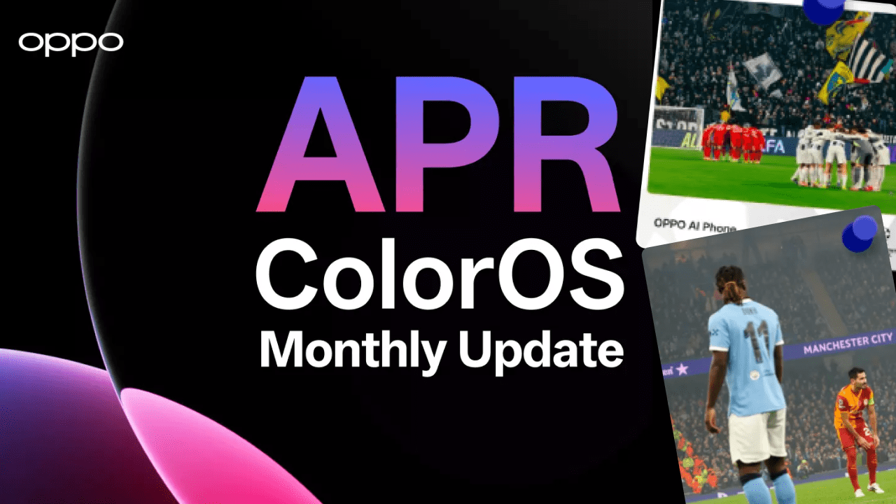 Oppo smartphone displaying ColorOS 16 Photos app with UEFA Champions League watermark feature