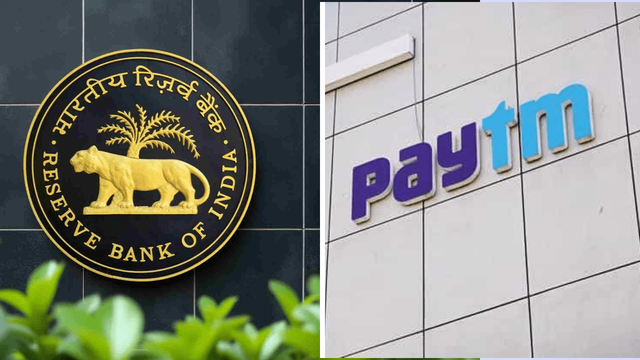 Paytm app logo displayed on smartphone with RBI building in background representing banking licence cancellation