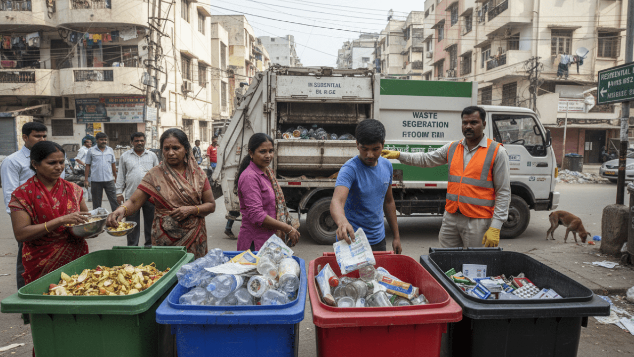 Color-coded waste bins showing green, blue, red, and black segregation system in India