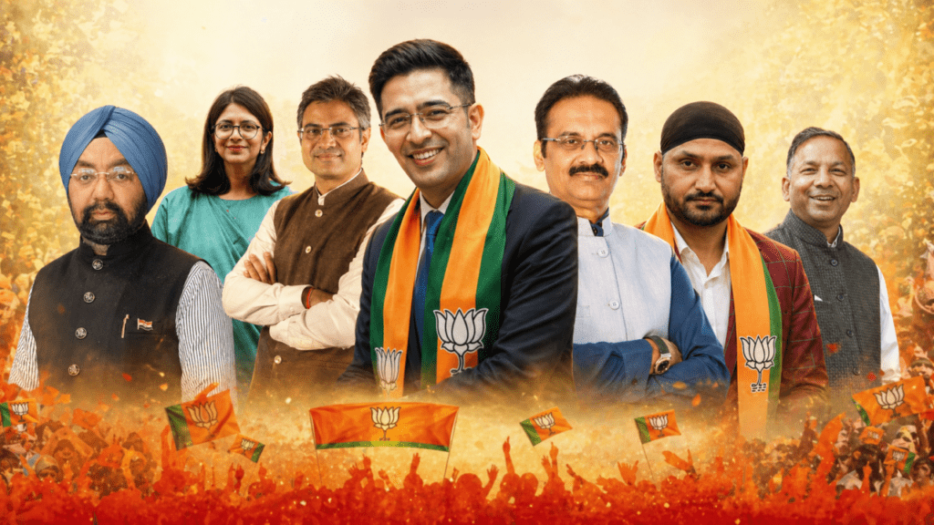 Raghav Chadha and AAP MPs joining BJP during Rajya Sabha defection press conference
