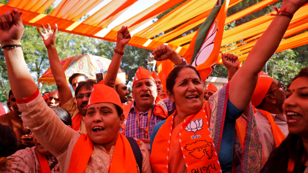 BJP leaders celebrating Gujarat local body election victory with supporters