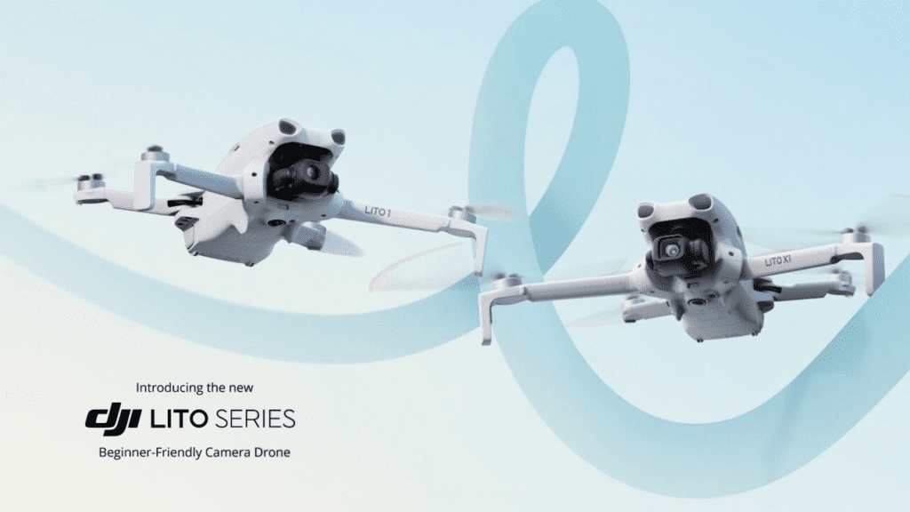 DJI Lito X1 drone flying outdoors with obstacle-avoidance sensors visible