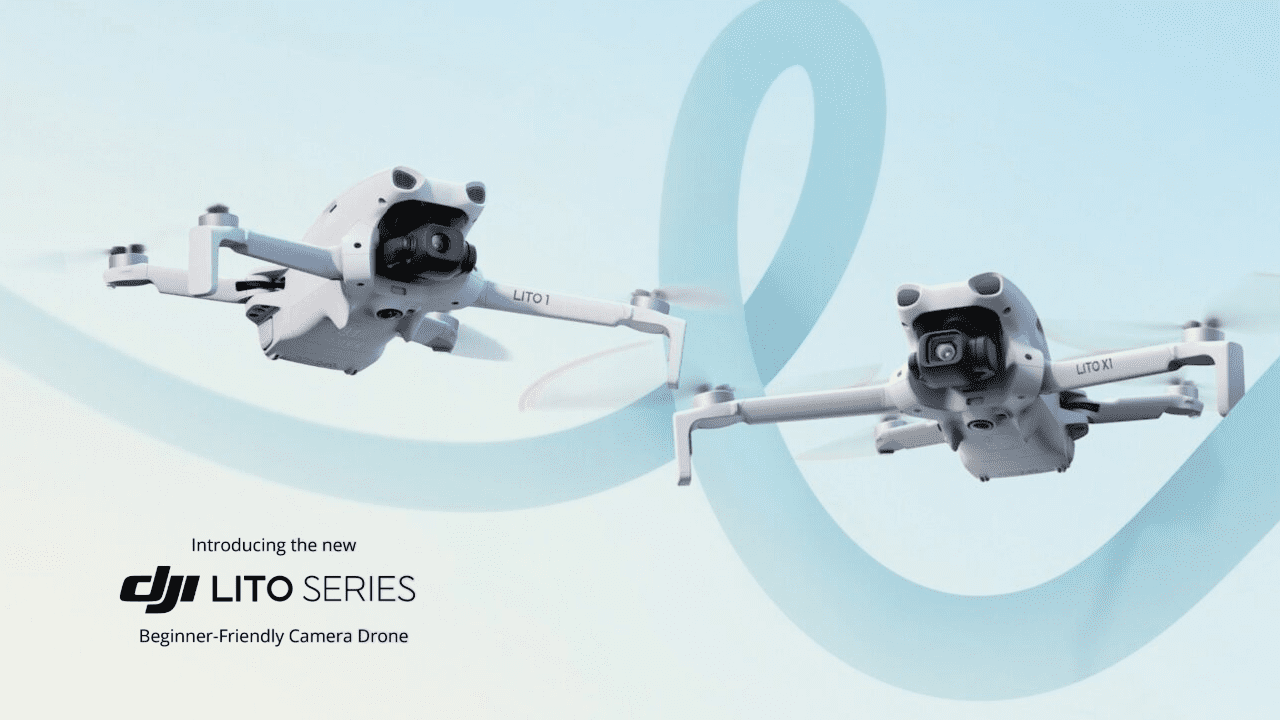 DJI Lito X1 drone flying outdoors with obstacle-avoidance sensors visible