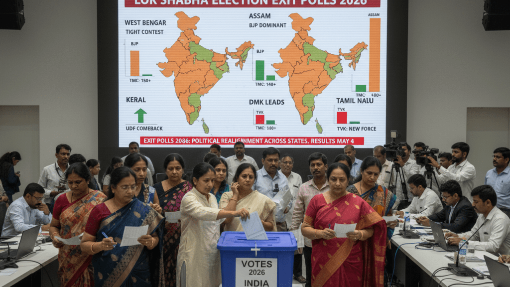 Voters standing in queues during India 2026 Assembly elections across multiple states