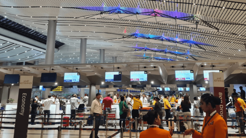 Damaged aerobridge ceiling panel at Hyderabad airport after incident injuring passenger