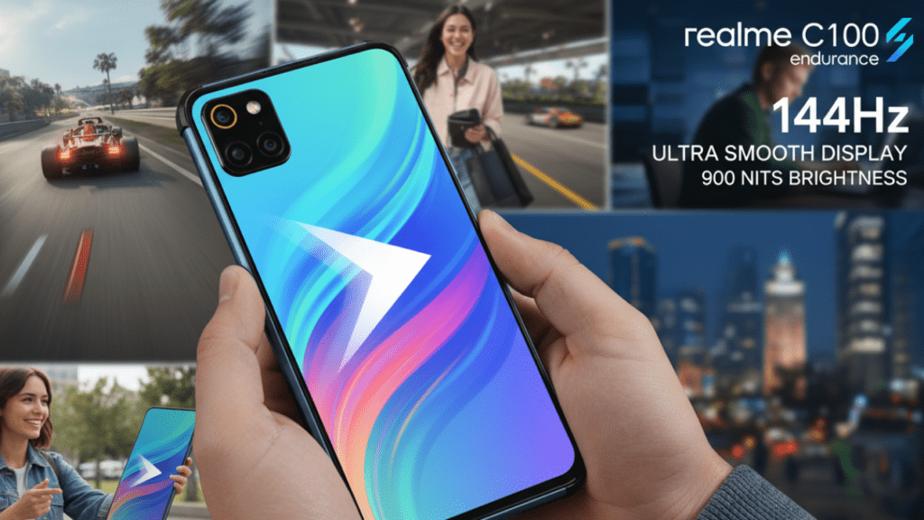 An image highlighting the Realme C100 5G smartphone with a 6.8-inch HD+ LCD display. The screen is shown with a 144Hz refresh rate and up to 900 nits brightness, emphasizing smooth scrolling, responsive UI, and high visibility in bright conditions.