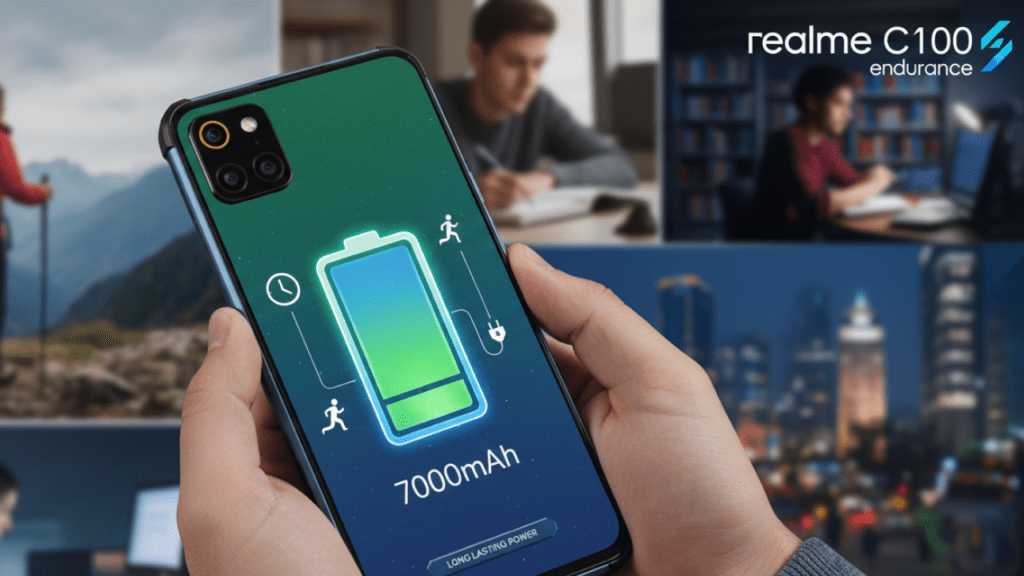 An image showing the Realme C100 and C100i smartphones with emphasis on their large 7,000mAh batteries. The illustration highlights the devices’ endurance-focused design, emphasizing long usage times compared to typical budget smartphones.