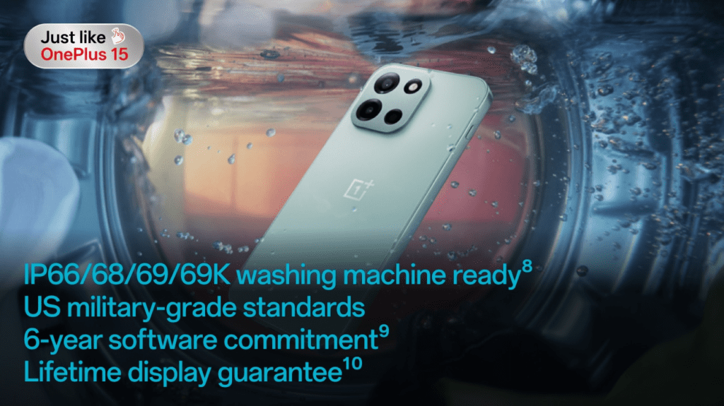 OnePlus Nord 6 smartphone highlighting its durability with IP66, IP68, IP69, and IP69K ratings for dust, water immersion, and high-pressure or high-temperature water resistance.