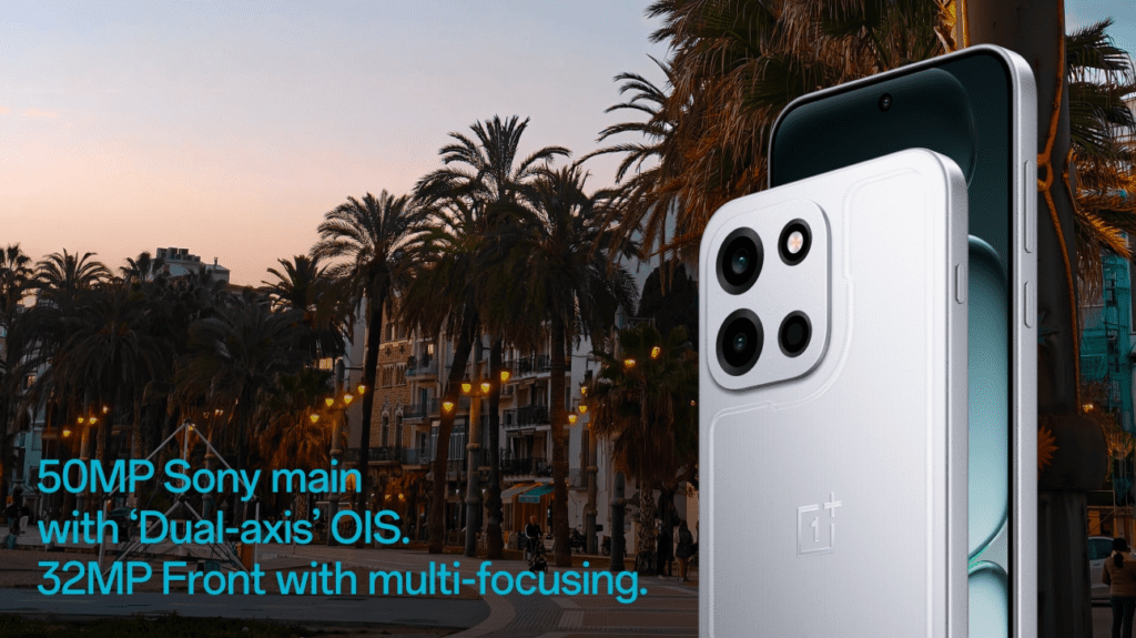 OnePlus Nord 6 smartphone showcasing its dual rear cameras: a 50MP Sony LYT-600 primary sensor with optical image stabilization and an 8MP ultra-wide lens for wide-angle shots.