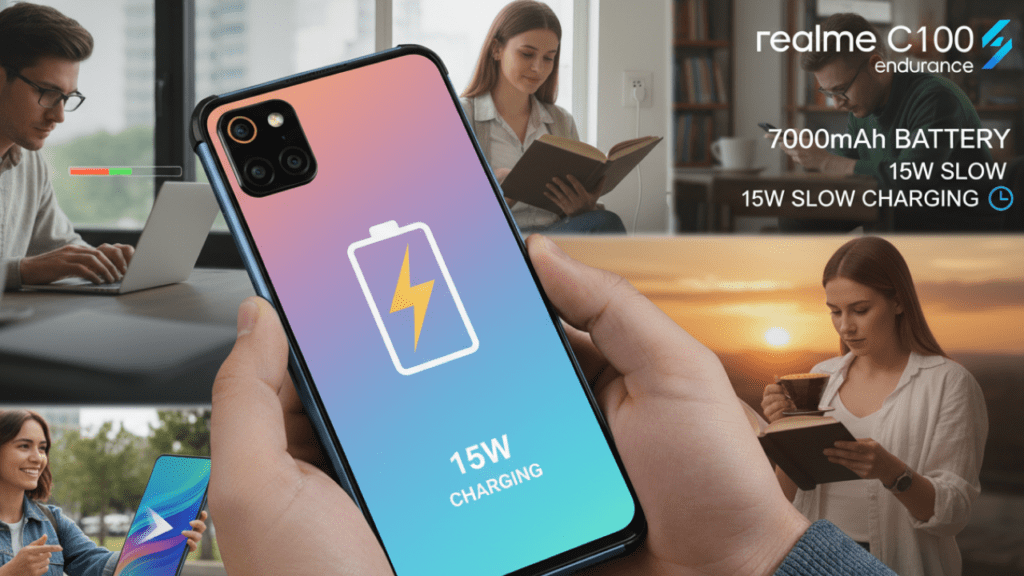 An image showing the Realme C100 5G and C100i smartphones with a focus on battery and charging. The C100 5G is depicted with a large battery and labeled 15W charging, indicating moderate charging speed, while the C100i is shown with a similarly large battery and slower charging capability. The illustration emphasizes differences in charging performance between the two models.