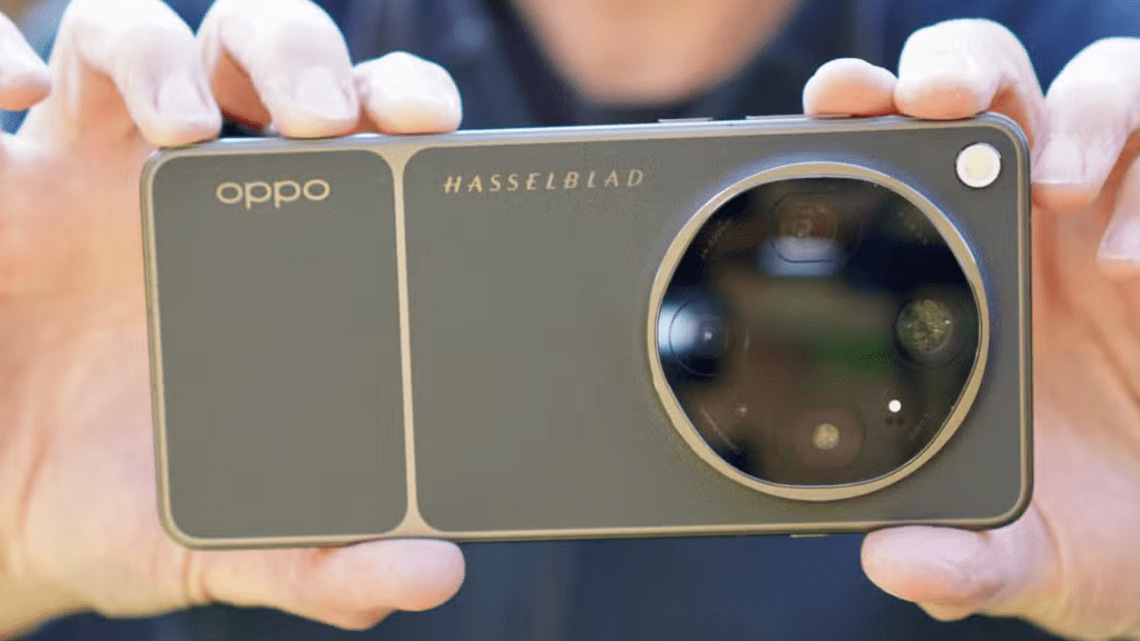 The Find X9 Ultra smartphone with a photography-focused design, featuring a two-tone vegan leather back, a gunmetal metallic frame, and styling inspired by professional Hasselblad cameras.