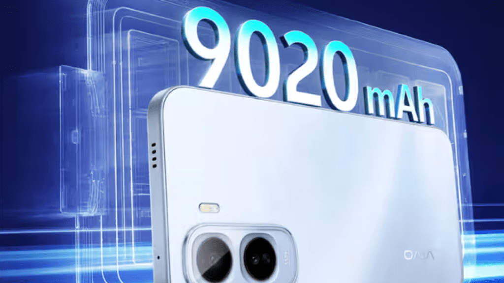 Vivo T5 Pro smartphone highlighting its large 9,020mAh battery with 90W fast charging, capable of reaching 50% charge in under 40 minutes, with reverse and bypass charging features.