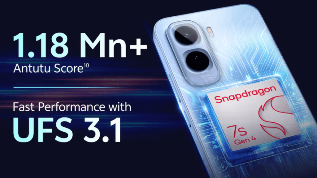 Vivo T5 Pro showcasing Snapdragon 7s Gen 4 processor with up to 12GB RAM and 256GB storage, focused on efficient performance and power optimization.