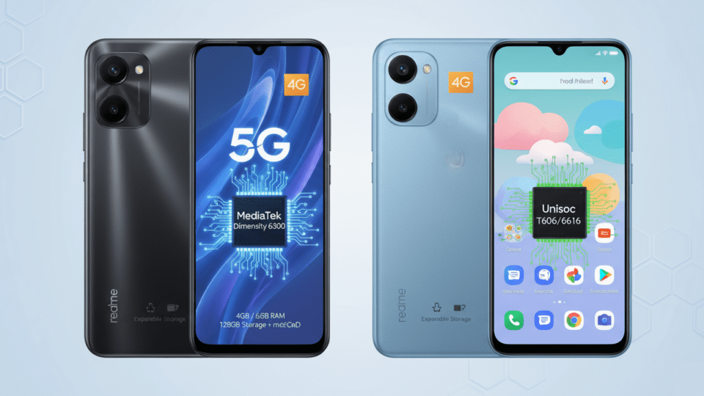 A comparison image showing two smartphones: the Realme C100 5G and C100i. The C100 5G is highlighted with features like a MediaTek Dimensity 6300 chipset, 5G connectivity, 4GB/6GB RAM, and 128GB storage with microSD expansion, indicating solid everyday performance. In contrast, the C100i is shown as a budget-friendly option with a Unisoc T606/T616 processor, 4G connectivity, and basic performance for light usage. Both phones are depicted with shared features such as a 3.5mm headphone jack and expandable storage.