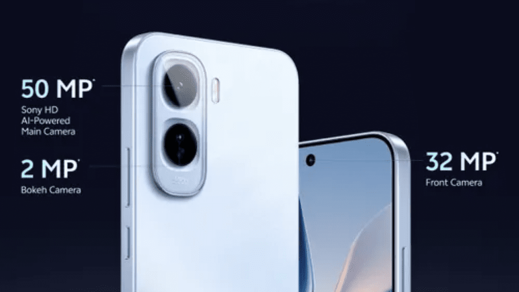 Vivo T5 Pro highlighting 50MP Sony IMX882 main camera with optical image stabilization and 32MP front camera, without a periscope telephoto lens for zoom.