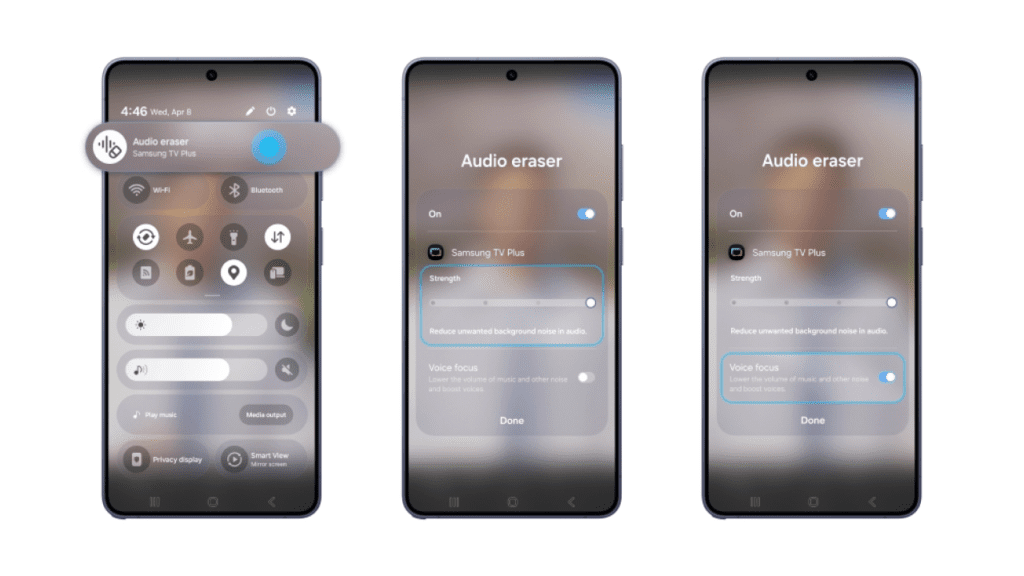 A smartphone screen shows a video playing in a streaming app, with a Quick Panel pulled down from the top-right corner. The Audio Eraser controls are visible, allowing users to adjust sound balance in real time without pausing or restarting playback.