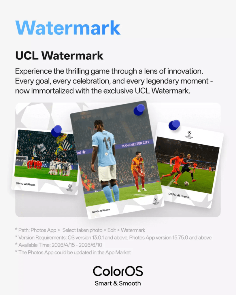 Oppo ColorOS 16 update showcasing UEFA Champions League-themed watermark feature in the Photos app, with enhanced video playback controls.