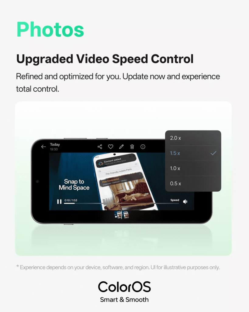 Oppo ColorOS 16 Photos app showing adjustable video playback speeds ranging from 0.5x to 2x for flexible viewing.
