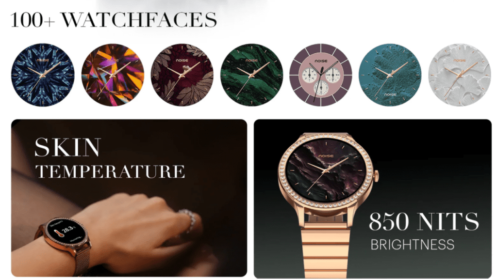 NoiseFit Diva Araya smartwatch with a 1.28-inch AMOLED display, high brightness, and customizable watch faces.