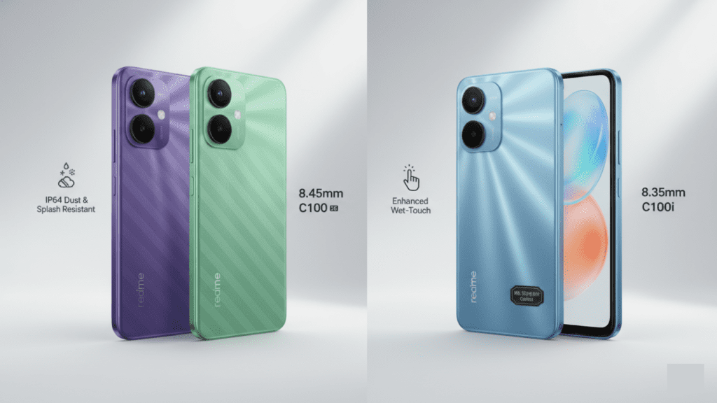 An image showcasing two Realme smartphones side by side. The Realme C100 5G has a slim 8.45mm profile, with colorful finishes in Blooming Purple and Sprouting Green, featuring a textured or patterned back. The C100i is slightly thinner at 8.35mm, with a simpler shimmering finish and a vertical dual-camera layout. Both phones are depicted with durability features, including IP64 dust and splash resistance, MIL-STD-810H certification for the C100i, and enhanced touch responsiveness in wet conditions.