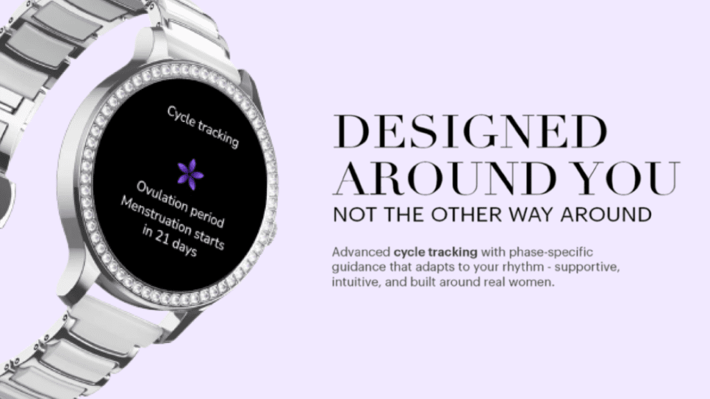NoiseFit Diva Araya smartwatch highlighting women-centric health features including cycle tracking and overnight skin temperature monitoring.