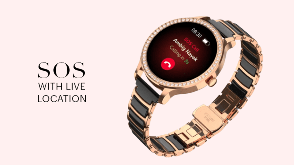 NoiseFit Diva Araya smartwatch featuring SOS emergency support with live location sharing for enhanced safety.