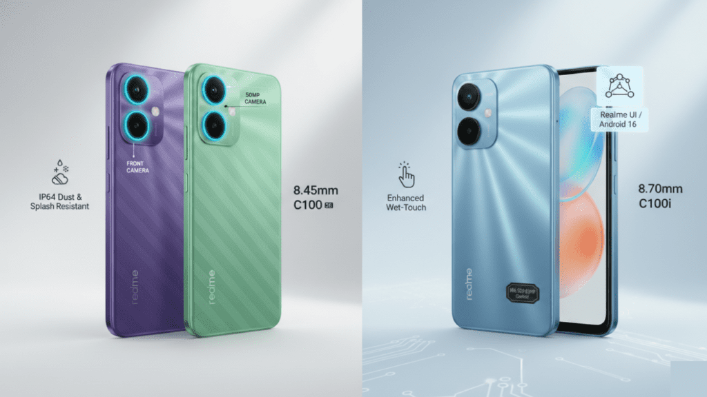An image depicting the Realme C100 5G and C100i smartphones with a focus on their cameras and software. The C100 5G shows a 50-megapixel rear camera and a 5-megapixel front camera in a waterdrop notch, while the C100i displays a dual-camera setup with unspecified sensors. Both phones are shown running Realme UI based on Android 16, highlighting smooth performance and long-term usage optimization.