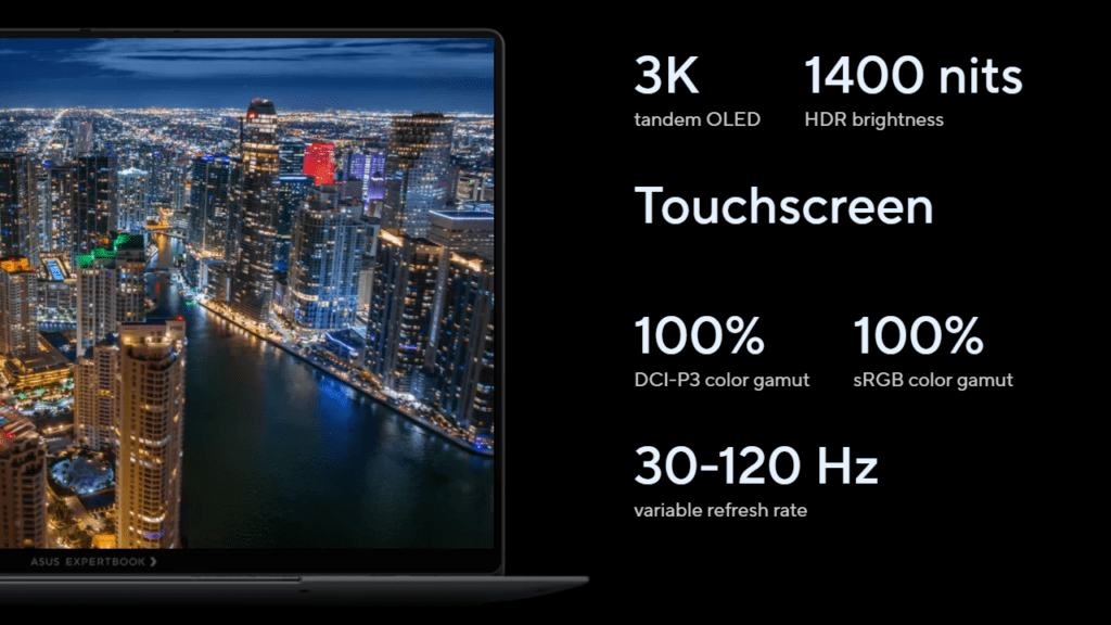 14-inch 3K (2880×1800) OLED touchscreen laptop display with 120Hz variable refresh rate and up to 1400 nits HDR brightness, designed for outdoor visibility, featuring a matte Corning Gorilla Glass Victus layer with nano-etched anti-glare coating.
