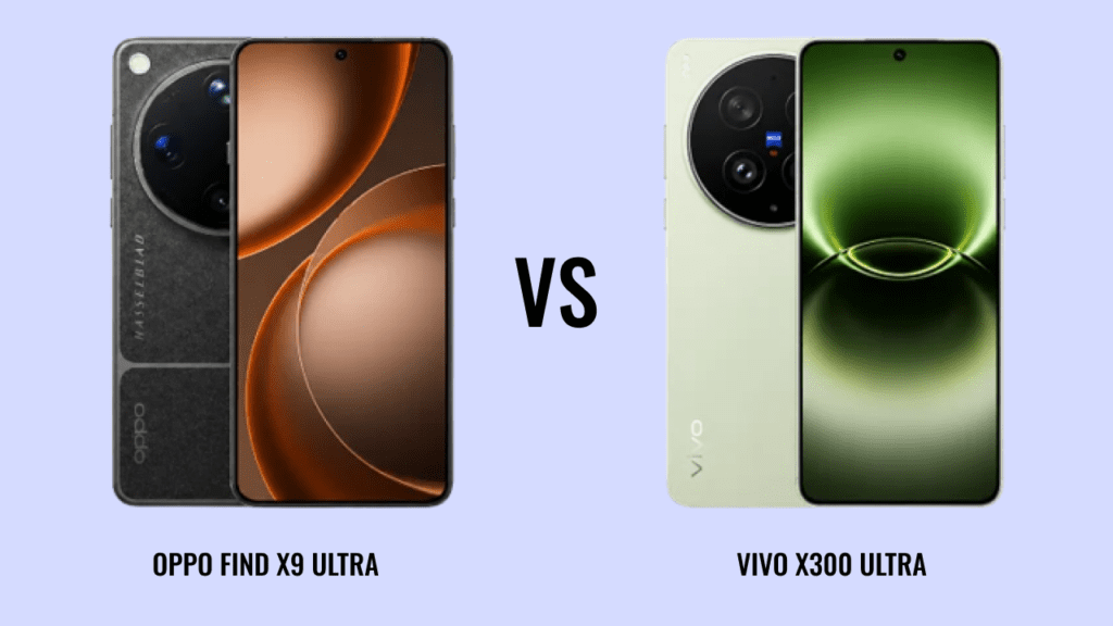 Comparison of Oppo Find X9 Ultra and Vivo X300 Ultra smartphones showing both powered by Snapdragon 8 Elite Gen 5 processor with Adreno 840 GPU, highlighting identical performance in speed, gaming, and multitasking.