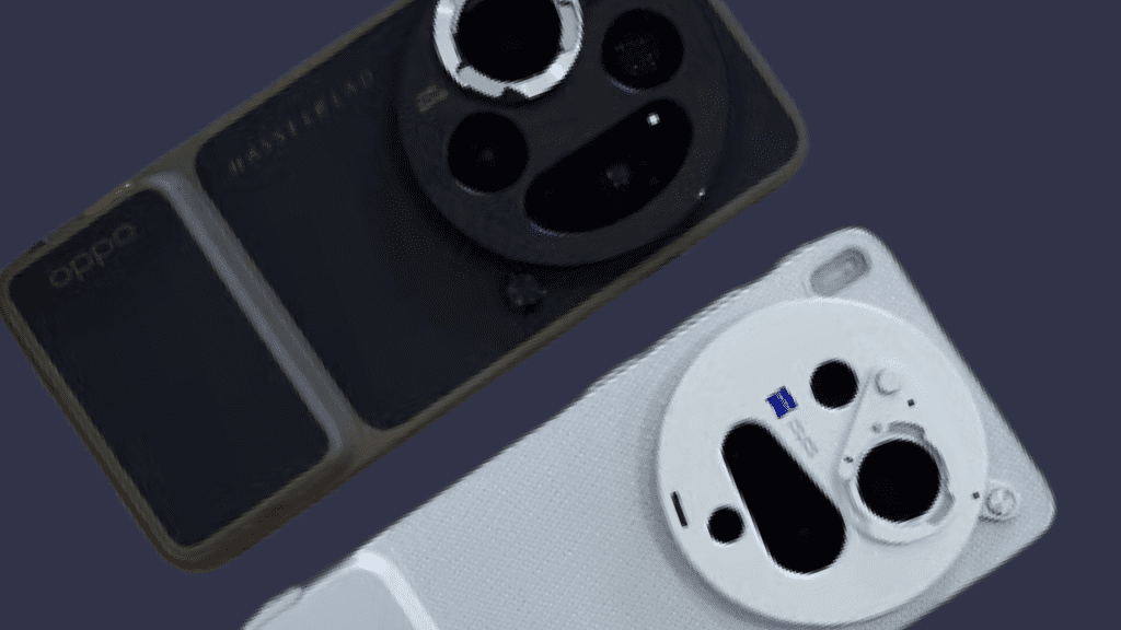Side-by-side comparison of Oppo Find X9 Ultra and Vivo X300 Ultra camera systems, showing Oppo’s quad-camera setup with dual 200MP sensors and 10x periscope zoom for built-in versatility, versus Vivo’s triple-camera system with Zeiss optics, gimbal stabilization, and optional teleconverter lenses for modular photography. Highlights differences in color tuning, with Oppo using Hasselblad natural tones and Vivo emphasizing Zeiss-enhanced processing and stabilization.