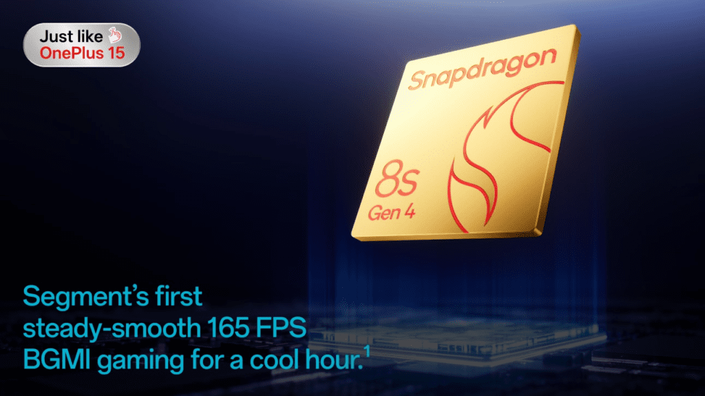 Close-up of the OnePlus Nord 6 smartphone highlighting its Qualcomm Snapdragon 8s Gen 4 chipset, optimized for high-speed performance and gaming up to 165fps